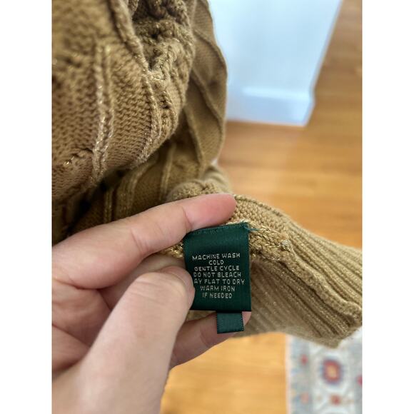 Ralph Lauren Metallic Gold Sparkle Cableknit Full Zip Long Sleeve Sweater - Picture 3 of 7